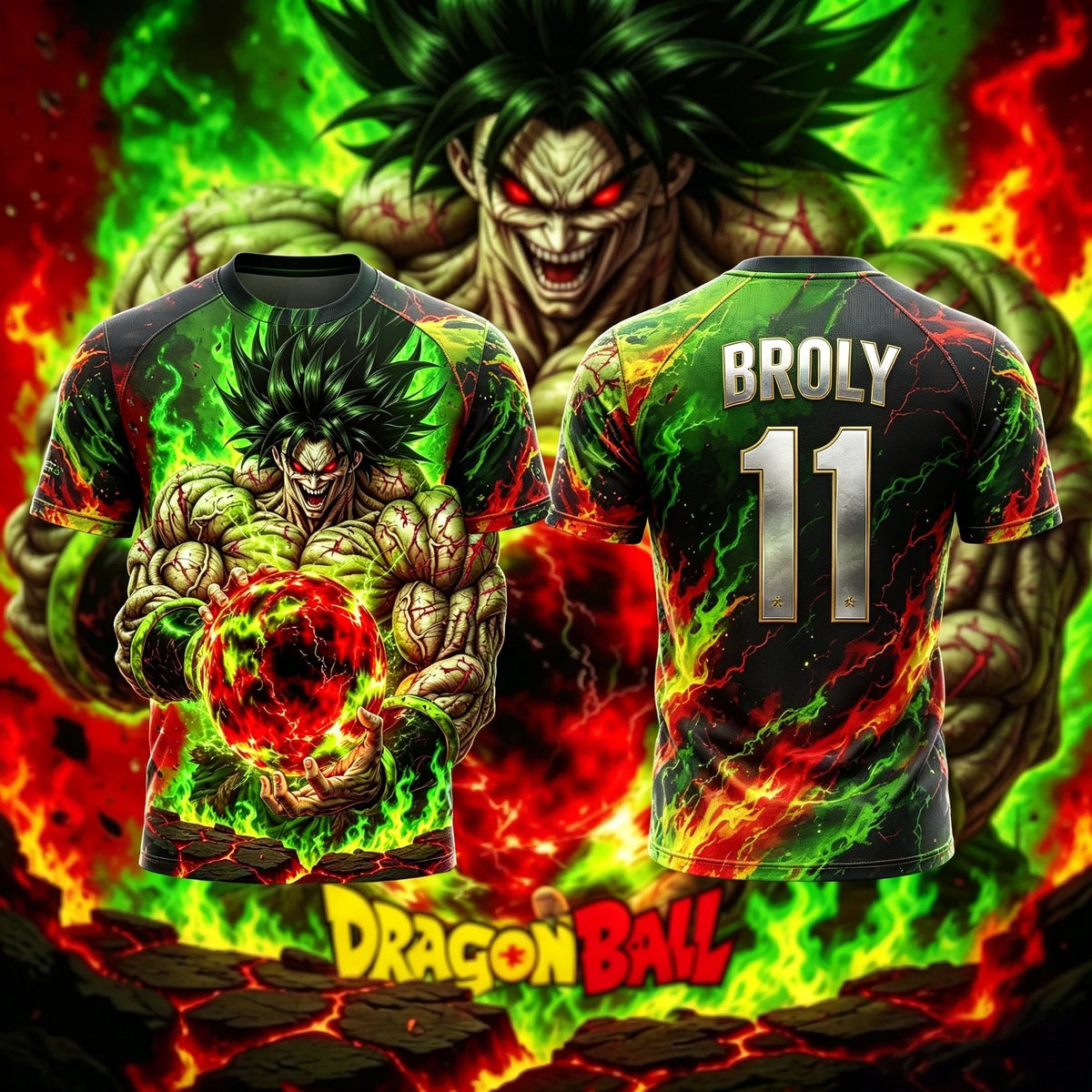 Dragon Ball Super Broly No7 Red Green Flame Energy Ball Print Men Soccer Jersey Quick Dry Anime Breathable Sports T-Shirt