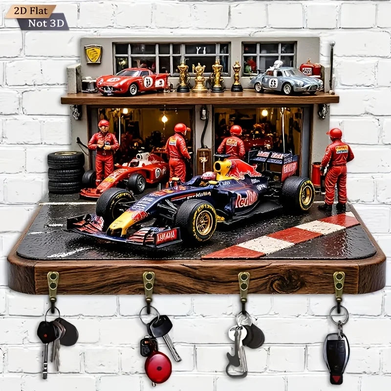 2D Flat. 1pc. Racing-Themed Key Hook - Multi-Functional Decorative Key Holder with Four Metal Hooks, Wall Decoration, Room