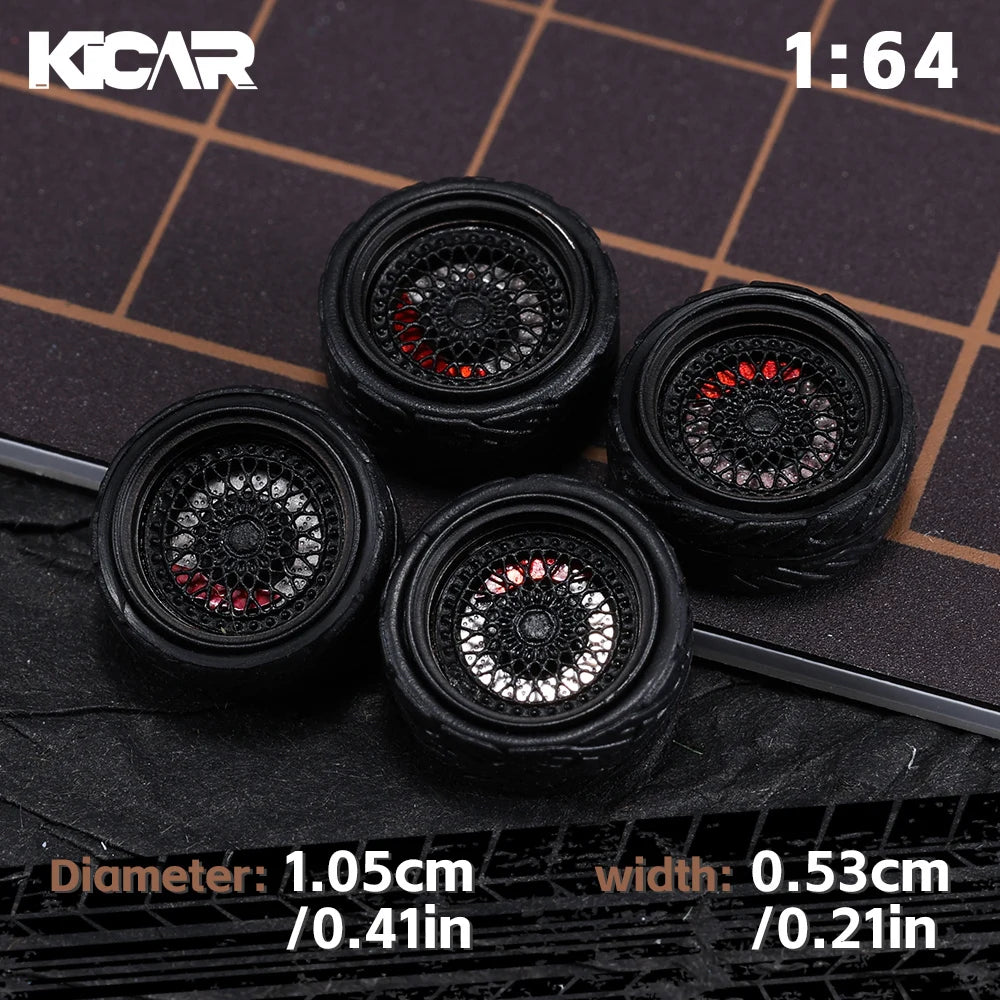 Kicarmod 1/64 10.5mm Alloy Model Wheels with Magnetic Hub Caps-with Rubber Tires for Tomica Custom Diecast Cars