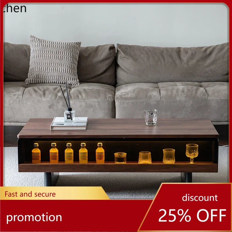 W5.19 walnut solid wood rock slab coffee table display modern black rectangular small apartment with lighting atmosphere