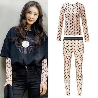 Ice Silk Two Piece Set Womens Sun Protection Clothes Long Sleeve Moon Print Top and Pants American Retro Sexy Autumn New