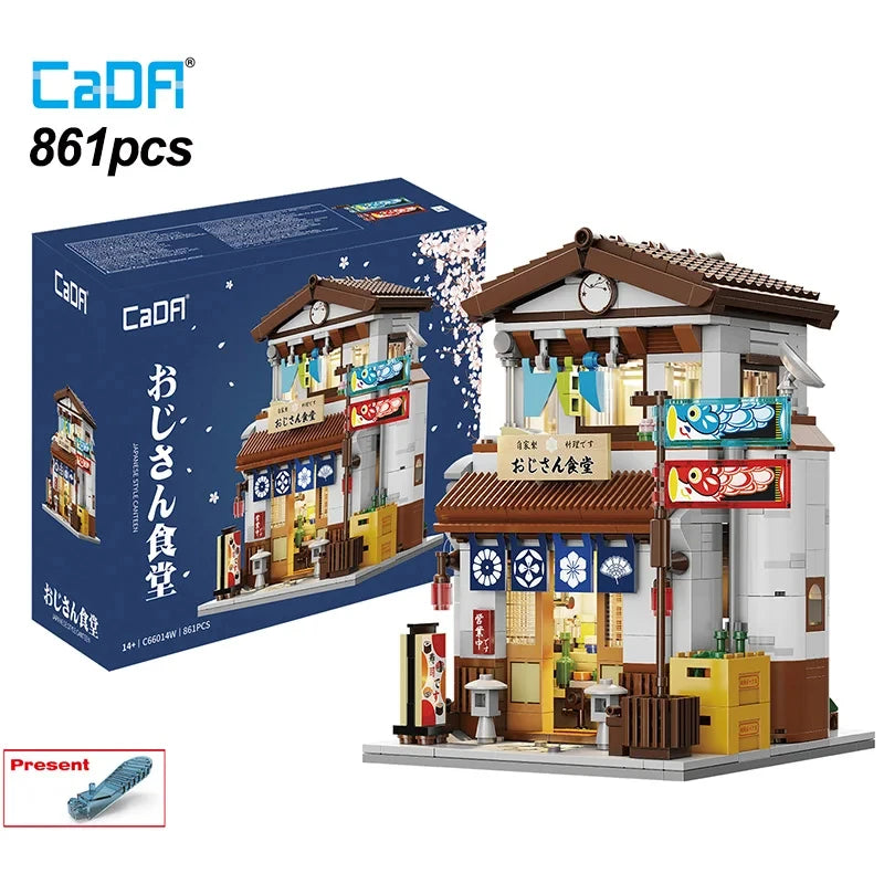Cada Japanese Sushi HouseBricks Shop LED Japanese Steamed Bun House Building Blocks Summer Cafe Cada Toy Street View Series Set