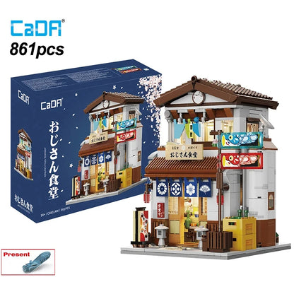Cada Japanese Sushi HouseBricks Shop LED Japanese Steamed Bun House Building Blocks Summer Cafe Cada Toy Street View Series Set