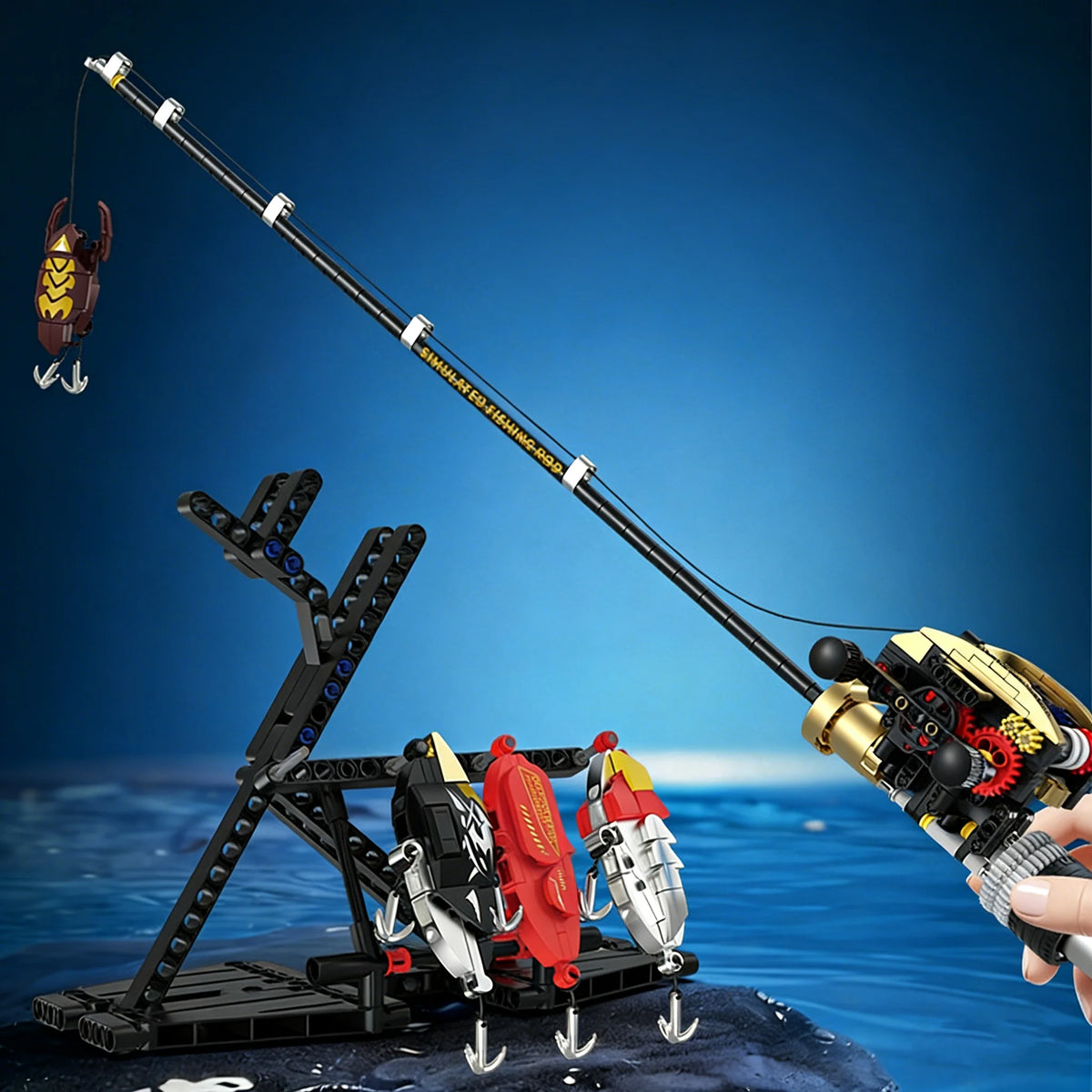 Fishing Rod Brick Simulated Gear Reel Fishing Rod Model Building Blocks Creative DIY Simulated Fishing Game Educational Toy Gift