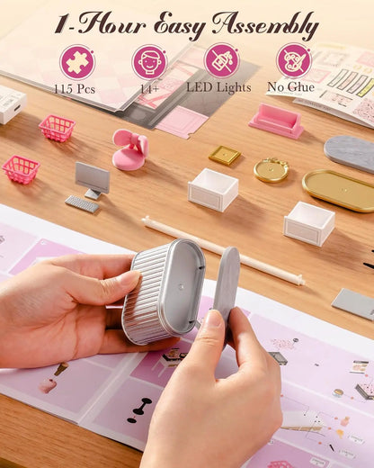 Rolife Pink Beauty Secret Super Creator DIY Miniature House Kit Model Kits for Adults to Build Home Desk Bookshelf Decoration