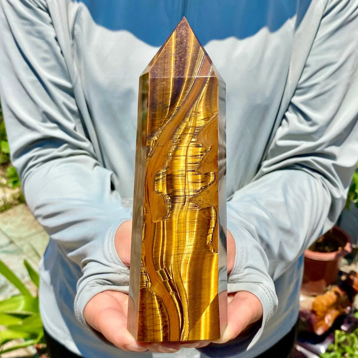 Natural Formed!  Yellow Tiger's Eye Obelisk, Quartz Crystal Tiger's Eye Rock Column, Mineral Point Wand Healing