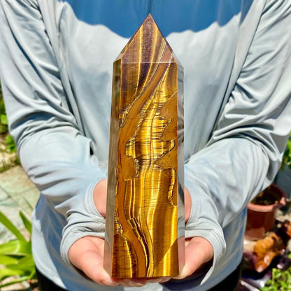 Natural Formed!  Yellow Tiger's Eye Obelisk, Quartz Crystal Tiger's Eye Rock Column, Mineral Point Wand Healing