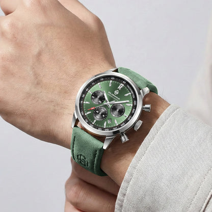 Men's Luxury Watch GOLDENHOUR Green Chronograph Quartz Leather Waterproof Luminous Military Sport Wristwatch Relogio Masculino