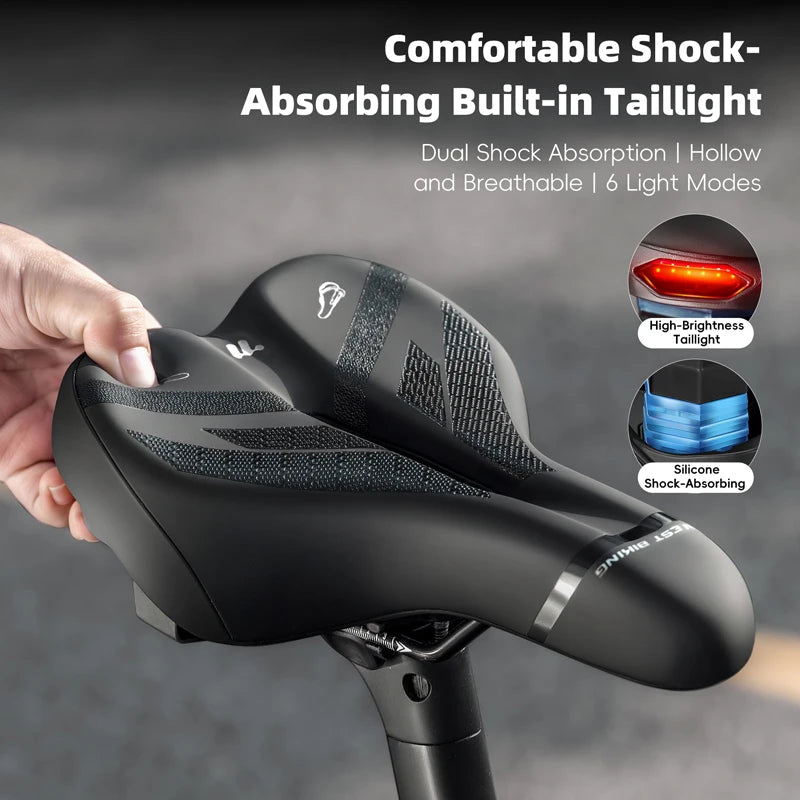 Bike Saddle with LED Taillight 6 Lighting Modes Memory Foam Padding TYPE-C Charging Weatherproof for Night Cycling Safety