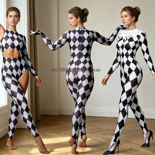 Clown Black White Lozenge Print Women Jumpsuit Spliced Cutout One Sleeve Long Sleeve Bodysuit Halloween Cosplay Circus Costume