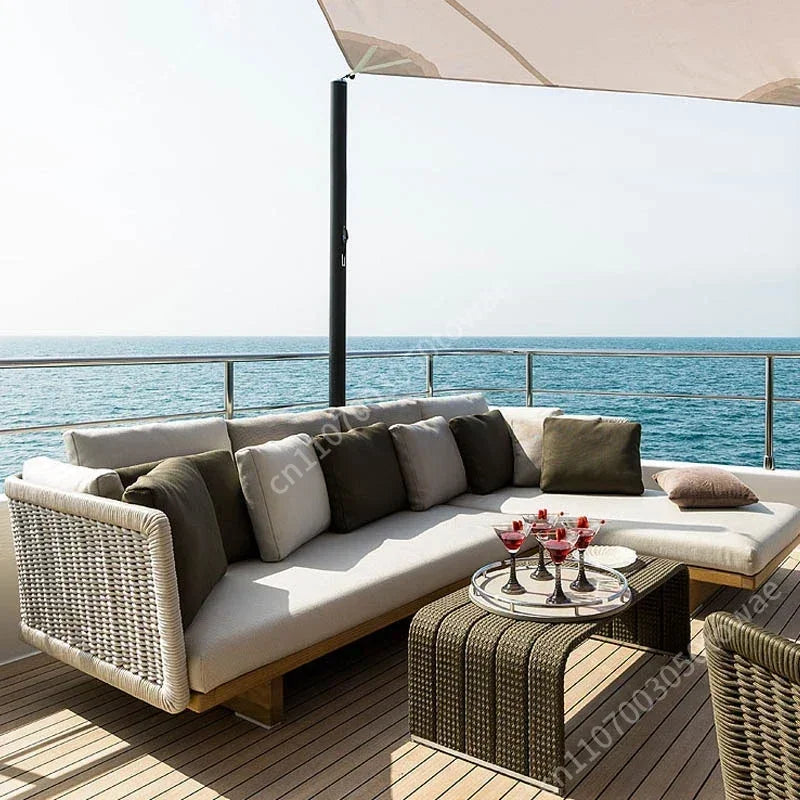 Woven Rattan Outdoor Sofa with Solid Wood Base, Weather-Resistant Patio Couch, 3-Seater Lounge Sofa for Balcony & Garden
