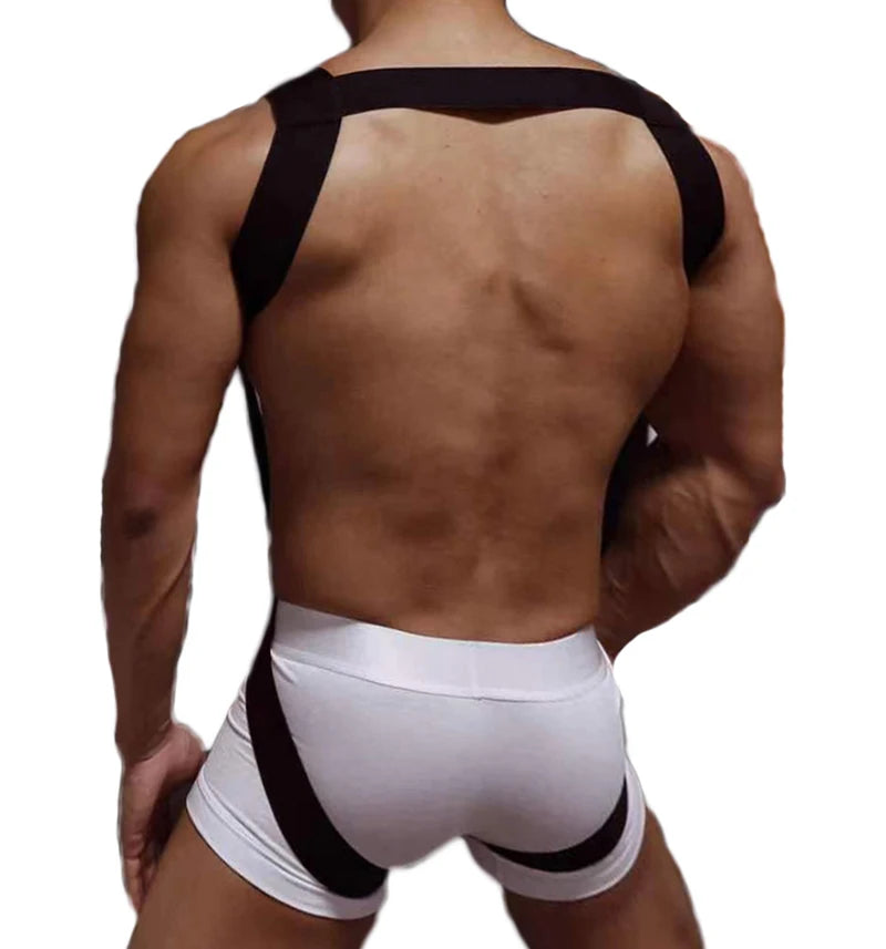 CLEVER-MENMODE Sexy Lingerie Men's Harness Chest Bodysuit Hollow Out Bondage Elastic Penis Ring Hole Erotic Costume