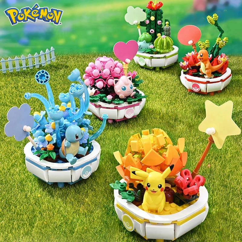 New Pokemon Building Block Pikachu Charmander Squirtle Model Toy Home Decoration Plant Potted Flower Brick Girl Toy Youths Gift