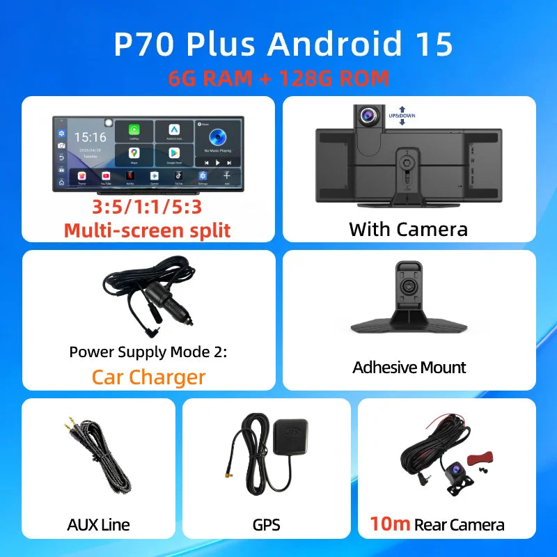 Imagebon P70Plus 11.4" Android 15 8Core 6+128G CarPlay Android Auto Dash Cam Split Screen Video Recorder WiFi YouTube AI GPS DVR