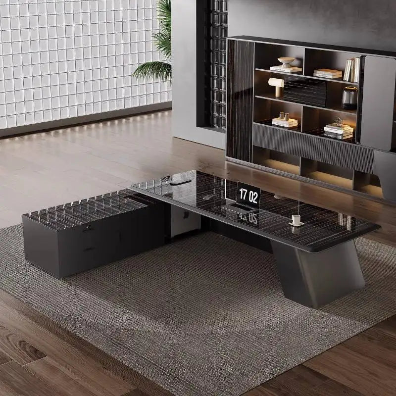 Narrow Unique Designer Office Desk Black Upgrades Storage Modern Computer Desks L Shape Drawers Scrivania Work Station Table