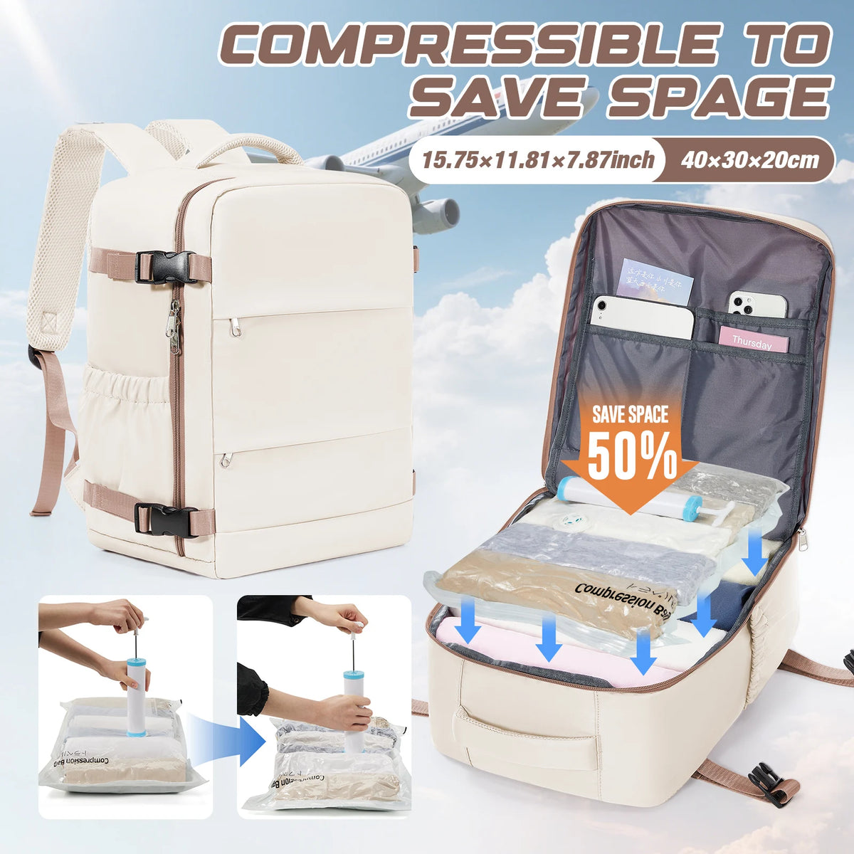 Clothing Storage Bag Personal item storage Backpack Ryanair Backpack 40x30x20 Cabin Bag, Vacuum Storage Bag With Manual Pump