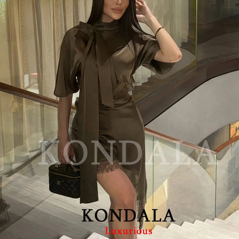 KONDALA Elegant Sexy Chic Women Mini Dress Asymmetrical Scarf Collar Dress Fashion 2026 Spring Summer Holiday Night Out Dress