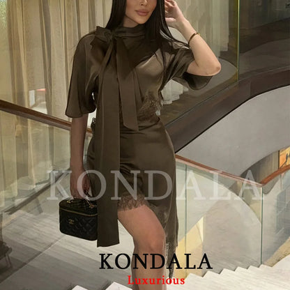 KONDALA Elegant Sexy Chic Women Mini Dress Asymmetrical Scarf Collar Dress Fashion 2026 Spring Summer Holiday Night Out Dress