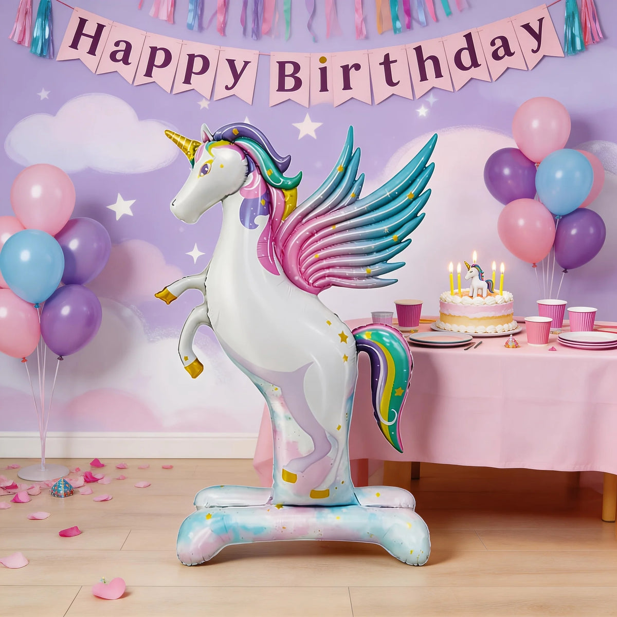 Giant 3D Self-Standing Unicorn Foil Balloon with Stable Base, Rainbow Gradient Unicorn with Wings Inflatable Mylar Balloon for K