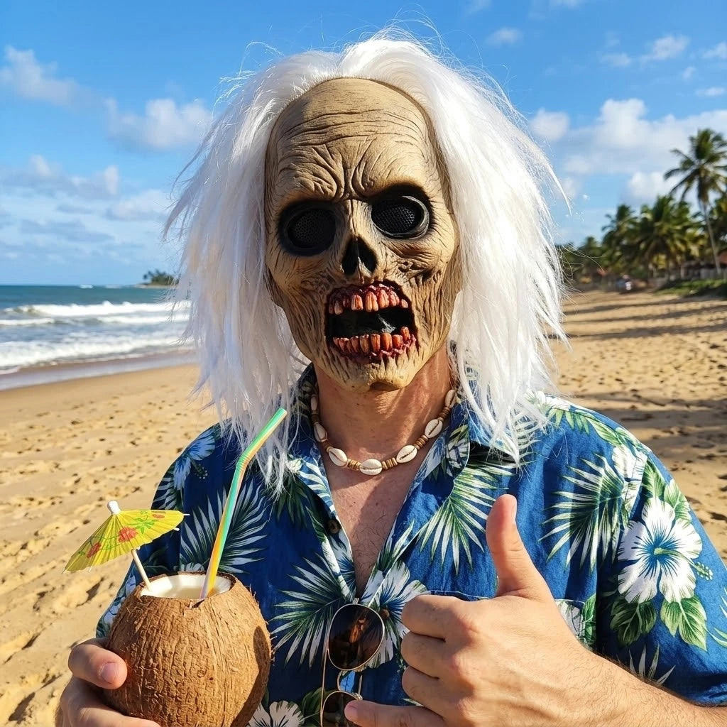 Professional Haunted House White Hair Zombie Skull Mask Head Latex Scary Undead Costume Cosplay Accessory Halloween Carnival