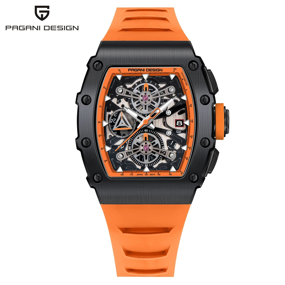 PAGANI DESIGN Wine Barrel Hollow out Men's Time Watch Top Sapphire Stainless Steel Men's Multi Functional Sports Watch