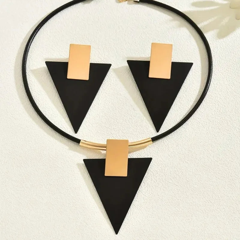 2PCS Geometric Rectangular Inverted Triangle Two-Color Spliced Pendant Earring Necklace for Women Trend Exaggerated Set Jewelry