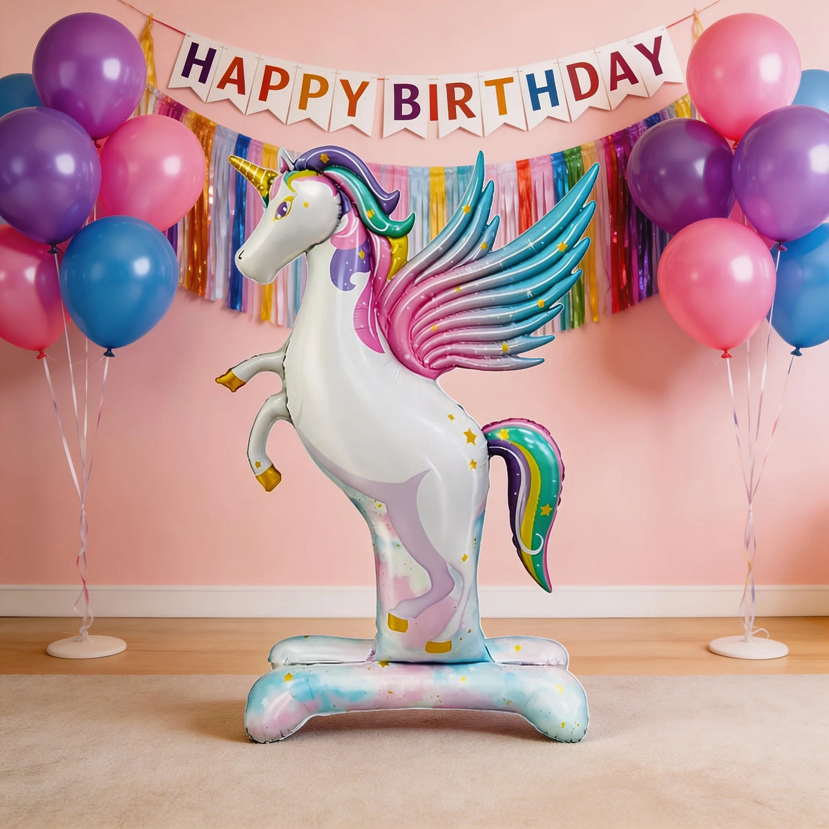 Giant 3D Self-Standing Unicorn Foil Balloon with Stable Base, Rainbow Gradient Unicorn with Wings Inflatable Mylar Balloon for K
