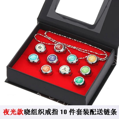 10pcs Naruto Akatsuki Sasuke Metal Rings Set Metal Necklaces Pendants Cosplay Action Figure Accessories Gift Kids Toys