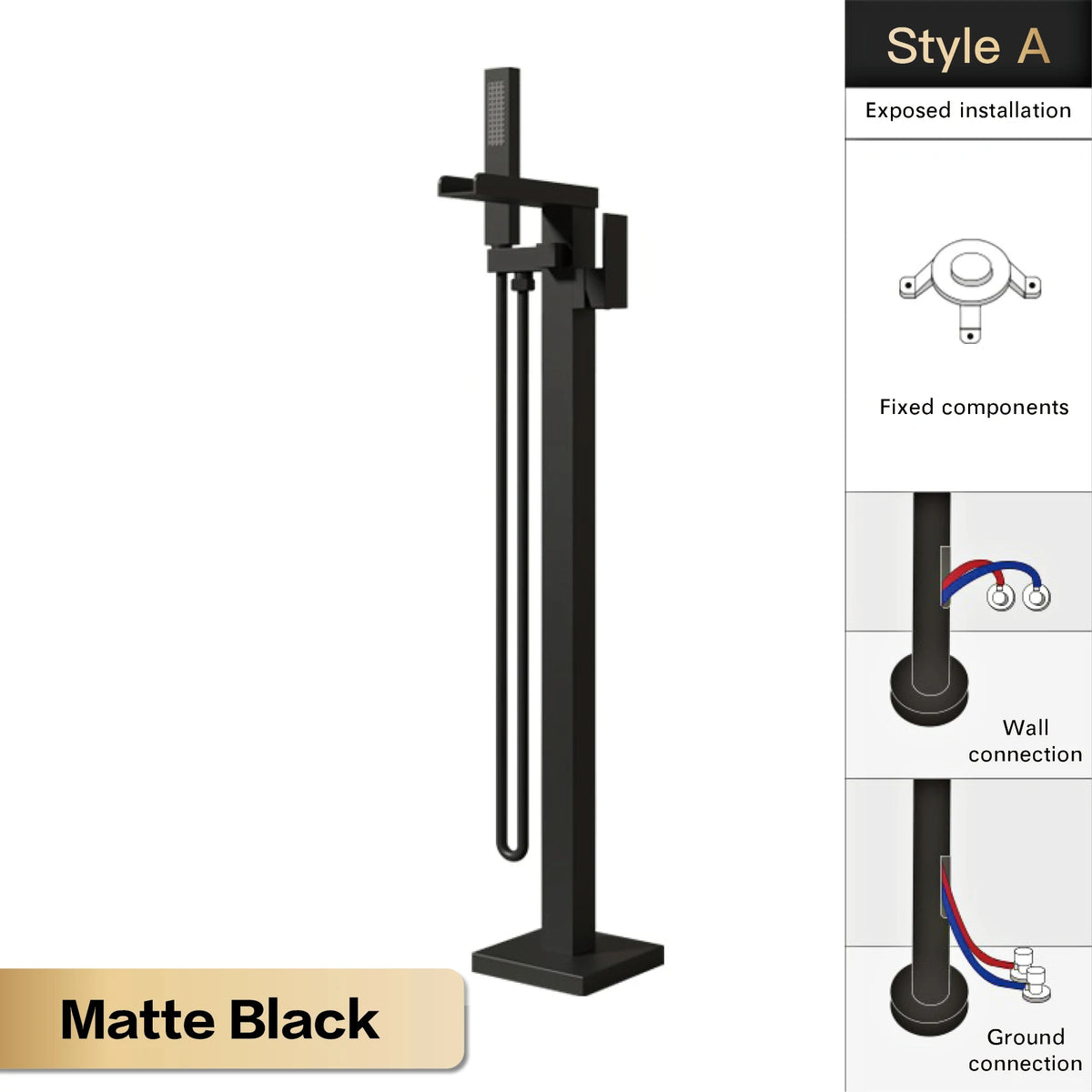 AITANA Luxury Black Brass Floor Standing Bathroom Faucet with Waterfall Water Outlet Design, Hot and Cold Bathtub Mixer