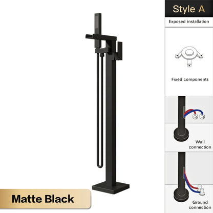 AITANA Luxury Black Brass Floor Standing Bathroom Faucet with Waterfall Water Outlet Design, Hot and Cold Bathtub Mixer