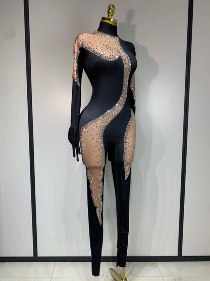 Fashion Sparkly Rhinestone Bodycon Bodysuit Female Singer Dancer Stage Perform Outfit Luxury Birthday Club Drag Queen Costume