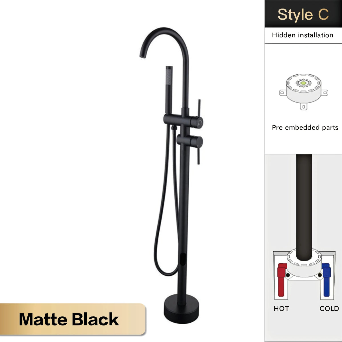 AITANA Luxury Black Brass Bathroom Faucet. Floor Standing Design with Simple 2 Handle Hot and Cold Bathtub and Dual-Mode Faucet