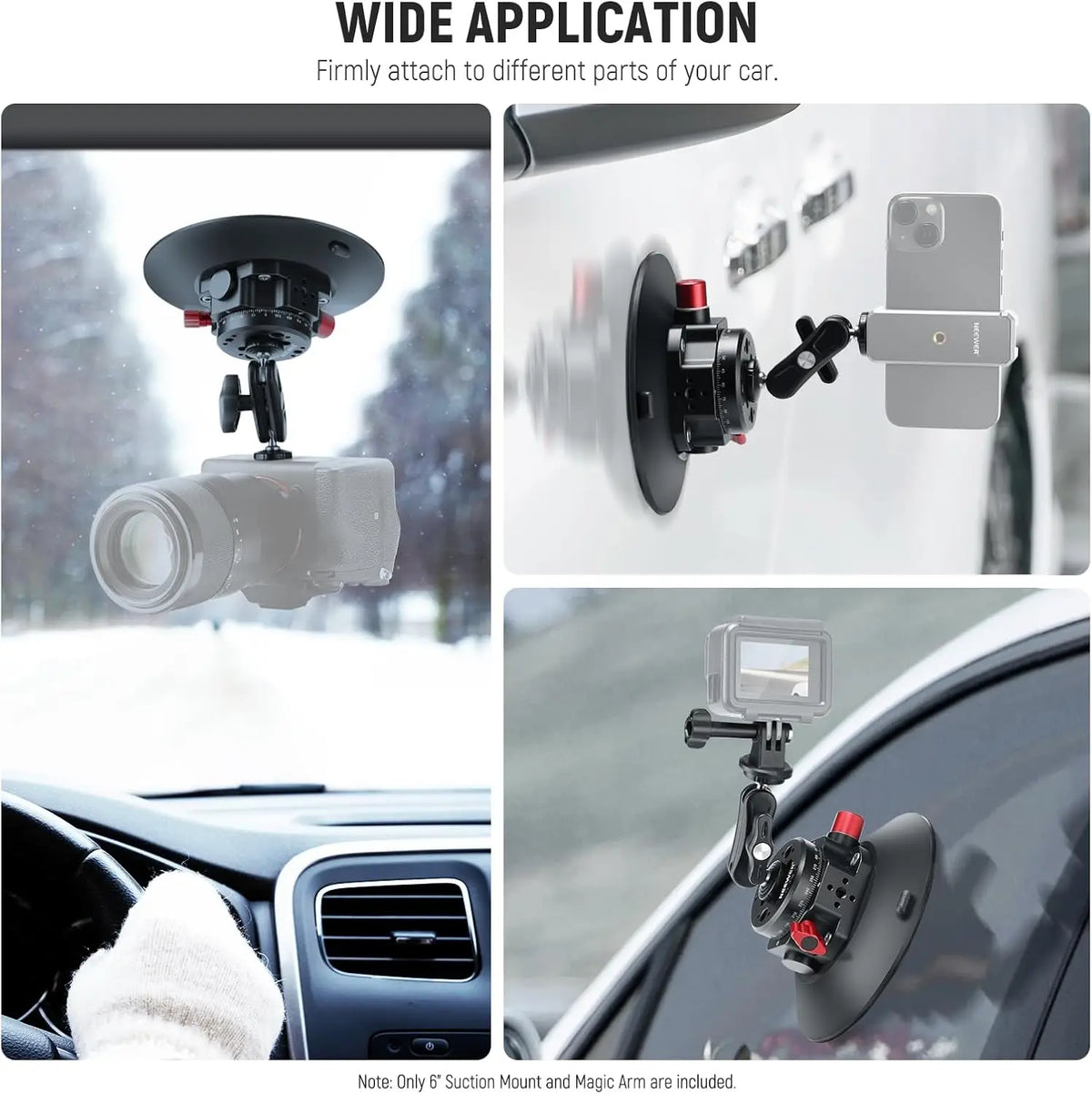 NEEWER 6"/15.2cm Camera Suction Cup Mount Metal Suction Cup Mount on Car Windshield Dash for Camera/Action Camera/Phone Holder