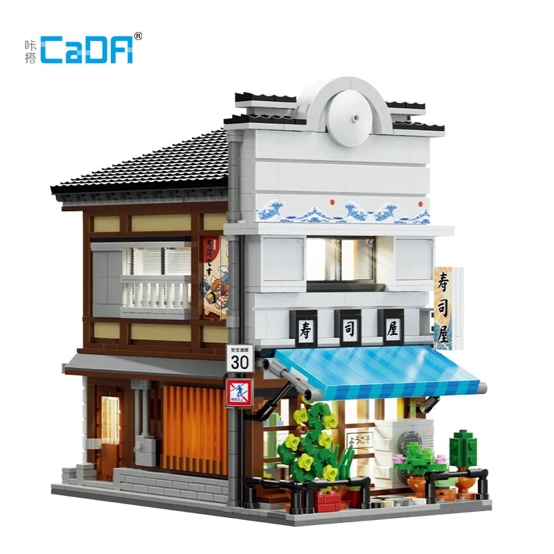Cada Japanese Sushi HouseBricks Shop LED Japanese Steamed Bun House Building Blocks Summer Cafe Cada Toy Street View Series Set