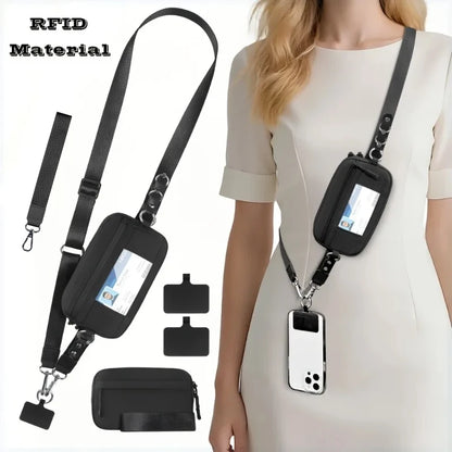 Trend Stripes Diagonal Cross Mobile Phone Lanyard Strap with Multifunctional Wallet Portable Storage Bag for Travel Anti Loss