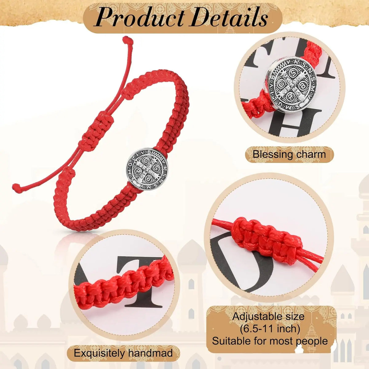 2 Pcs Catholic Saint Benedict Medal Bracelets Adjustable Black and Red String Bracelets Religious Jewelry Gifts for Men Women
