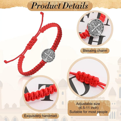 2 Pcs Catholic Saint Benedict Medal Bracelets Adjustable Black and Red String Bracelets Religious Jewelry Gifts for Men Women