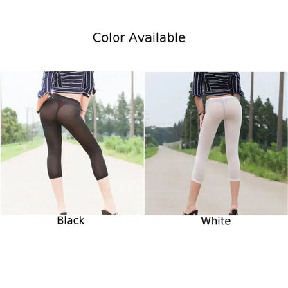 Women See Through Cropped Pants High Elastic Ice Silk Leggings Transparent Thin Tight Fitting Underwear Slim Sensual Yoga Pants