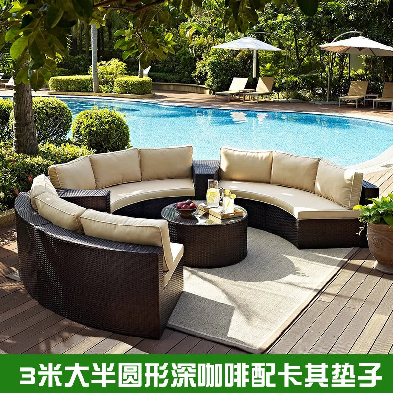 Outdoor round rattan sofa combination garden courtyard semi-circular rattan chair sofa outdoor hotel curved living room sofa