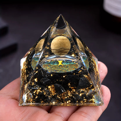 Orgone Pyramid with Picture Jasper Sphere Tree of Life Obsidian Gravel Orgonite Energy Generator Meditation Home Ornament
