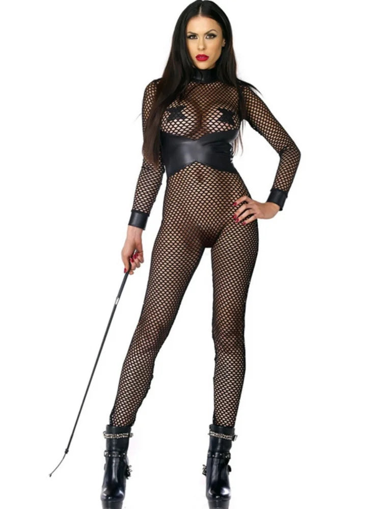 Women's Mesh Catsuit Sheer Lace Long Sleeve Mock Neck Bodycon Jumpsuit Unitard Bodysuit