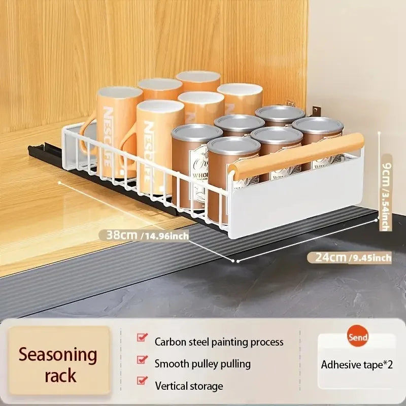 Pull-Out Kitchen Storage Rack - Carbon Steel Dish Rack with Sliding Drawers for Dishes, Cutlery, and Condiment Storage Organizer