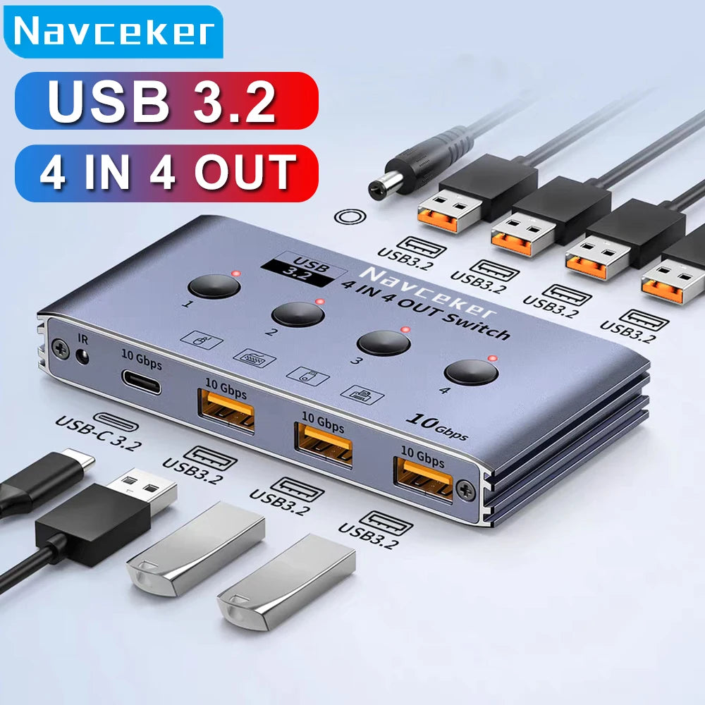 10Gbps USB 3.2 Switch 4 Computers Share 4 Peripherals 4 Port USB 3.0 Switcher for Mouse Keyboard Printer with Remote and Cables