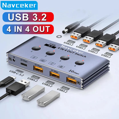 10Gbps USB 3.2 Switch 4 Computers Share 4 Peripherals 4 Port USB 3.0 Switcher for Mouse Keyboard Printer with Remote and Cables