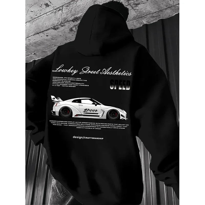 2026 New Arrival Sports Car Graphic Hoodie for Men White Street Racing Aesthetic Pullover with SPFRD Letter Print Streetwear