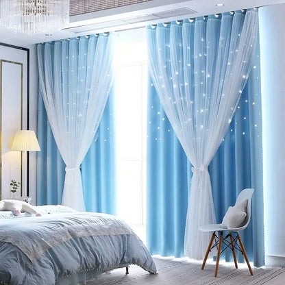 1pc Stylish Double Layer Sheer  Paired Curtains, Star Details, Blackout for Living Room,Bedroom,Cozy Dreamy Space