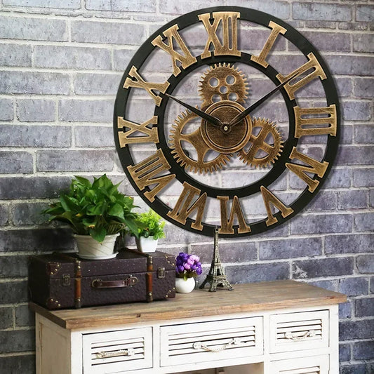 3D Large Classic Vintage Wooden Wall Clock Retro Gear Hanging Clock Roman Numeral Horologe European Style Decor Living Room