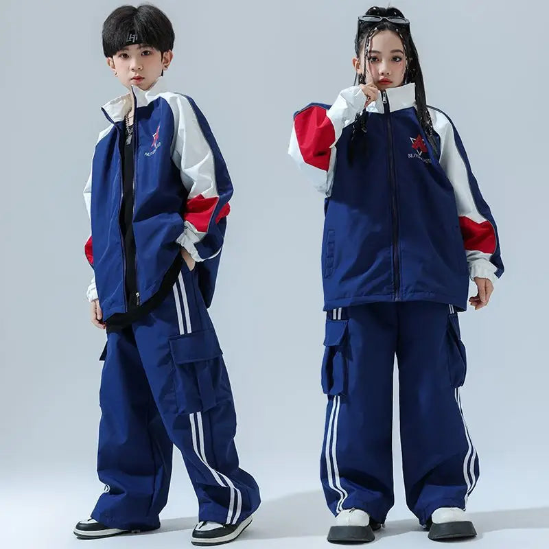 Kid Cool Hip Hop Clothing Navy Blue Zip Up Windbreaker Jacket Coat Top Casual Wide Pants for Girl Boy Jazz Dance Costume Clothes
