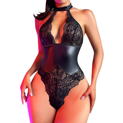 Porn Suit Women Sexy Lingerie Black PU Latex Leather Halter Lace Backless Bodysuit Underwear Skinny Bodycon Body Suit Teddies
