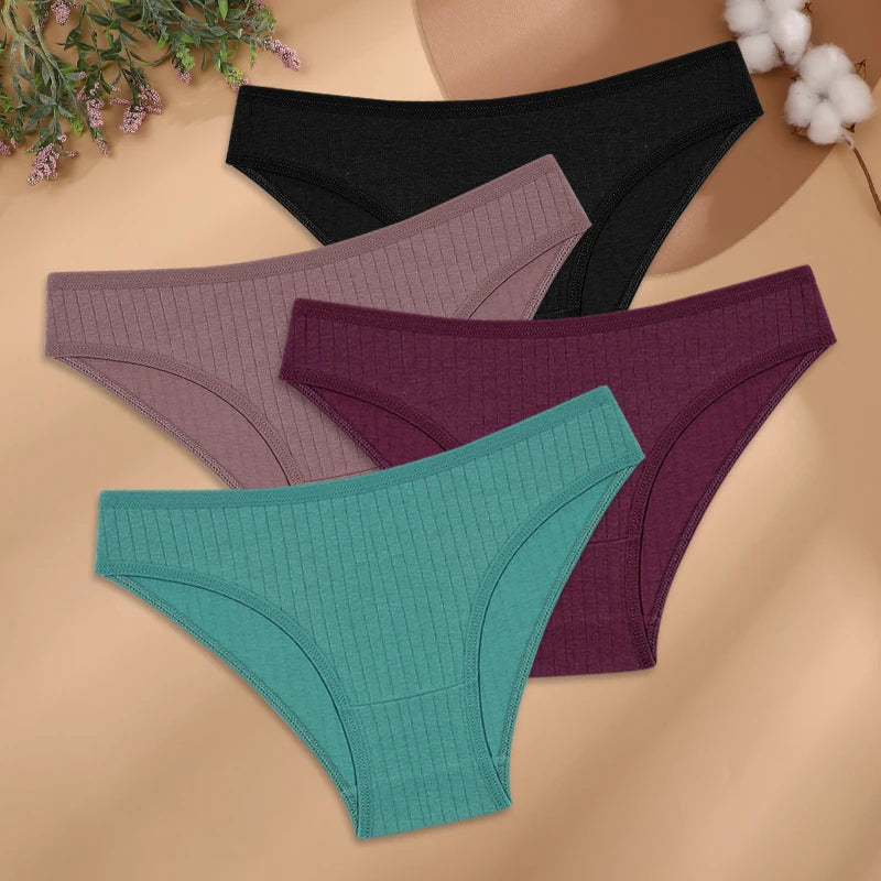 4Pcs/Set Cotton Panties Women Striped Solid Color Briefs Sexy Low-Waist Breathable Underpants Ladies Soft Stretch Lingerie M-XL